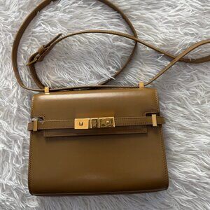 SAINT LAURENT Smooth Calfskin Mini Manhattan Shoulder Bag in Tabac Brown